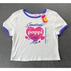 Poppi Ringer Graphic Tee Womens L White Purple Retro Y2K Crop Top Target Collab